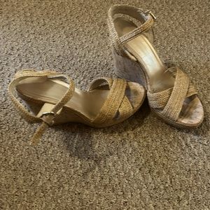 Stuart Weitzman rafia sandals with cork wedge, sz 7.5.